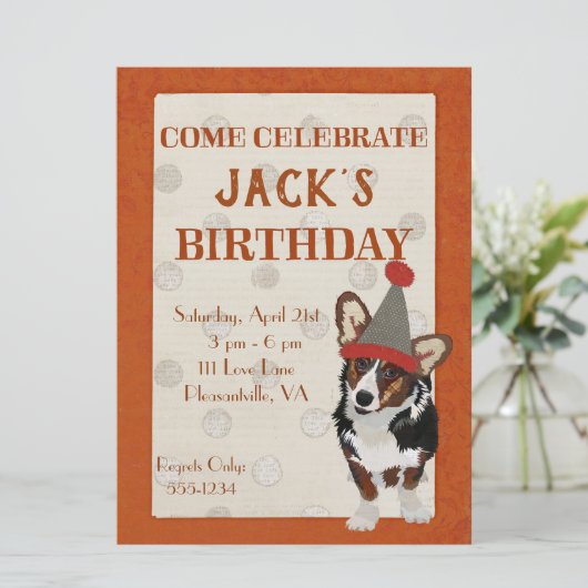 ウェルシュコーギーの水玉模様の誕生日の招待状 招待状 (スタンド正面)