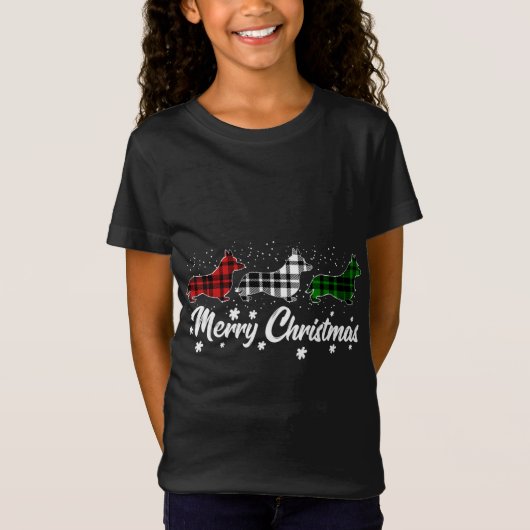 ウェルシュコーギークリスマスライトレッドホワイトグリーンドッグロー Tシャツ (正面)