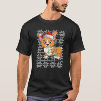 ウェルシュコーギークリスマス照明サンタ醜いセータースタイル Tシャツ