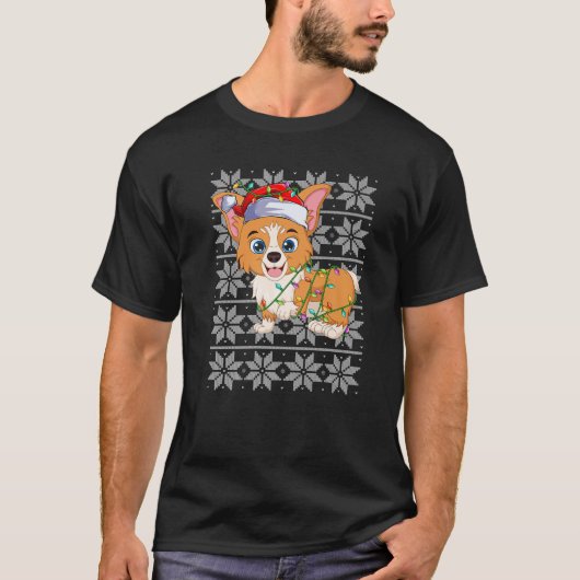 ウェルシュコーギークリスマス照明サンタ醜いセータースタイル Tシャツ (正面)