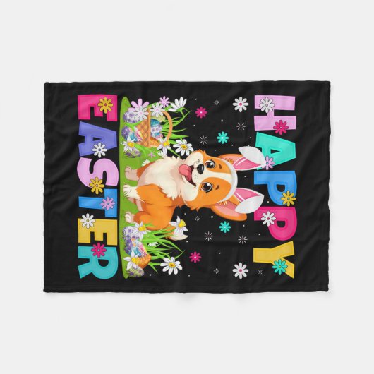 ウェルシュコーギードッグハッピーイースターエッグ狩りバニー耳Ea フリースブランケット (正面(横))