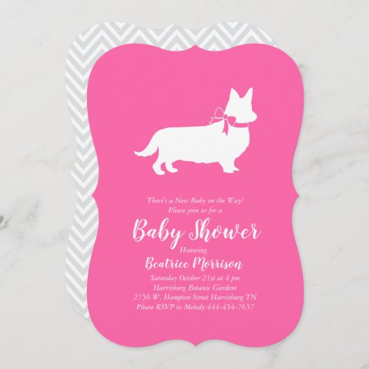 ウェルシュコーギードッグベビーシャワーピンクガール 招待状 (正面/裏面)