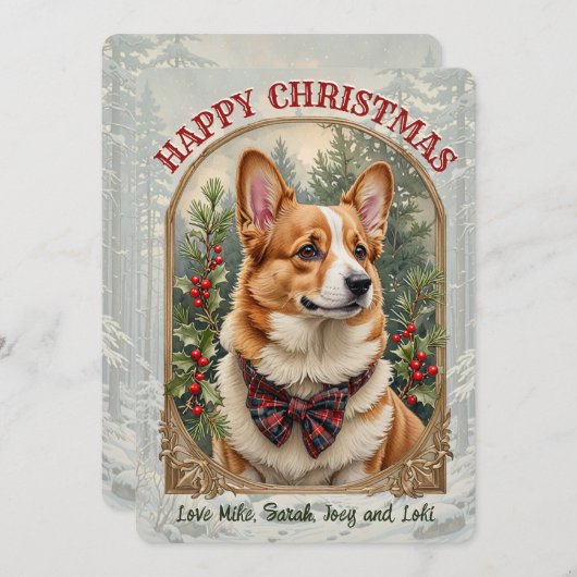 ウェルシュコーギードッグヴィンテージスタイルクリスマスカード シーズンカード (正面/裏面)