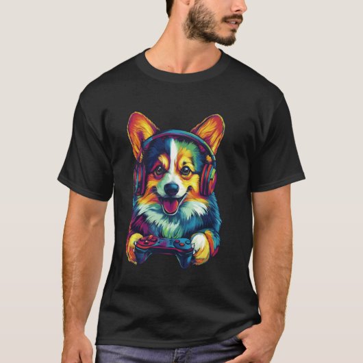 ウェルシュコーギー愛好家ゲーミングヘッドホンデザイン面白い Tシャツ (正面)