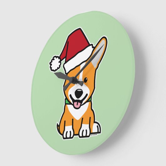 ウェルシュコーギー・ペンブロークの子犬がクリスマスのサンタ帽をかぶっている ラージ壁時計 (傾斜)