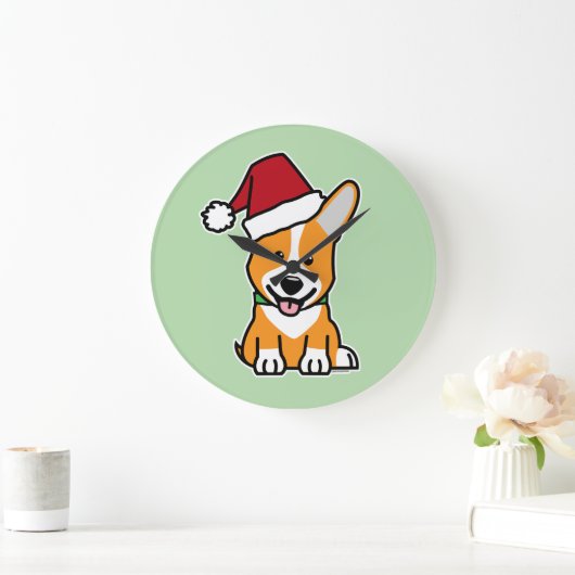 ウェルシュコーギー・ペンブロークの子犬がクリスマスのサンタ帽をかぶっている ラージ壁時計 (ホーム)