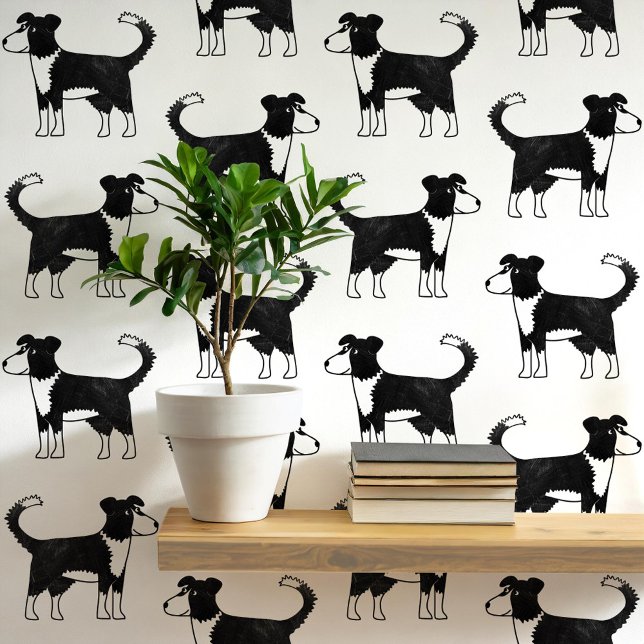 ウェルシュ縁どコリードッグパターン 壁紙 (Welsh Border Collie Sheepdog fun dog peel and stick wallpaper for animals)