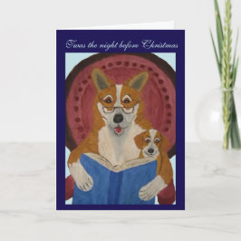 ウェルシュ・コーギが子犬にクリスマスの物語を読んであげている カード