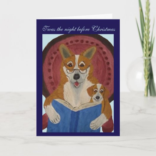 ウェルシュ・コーギが子犬にクリスマスの物語を読んであげている カード (正面)