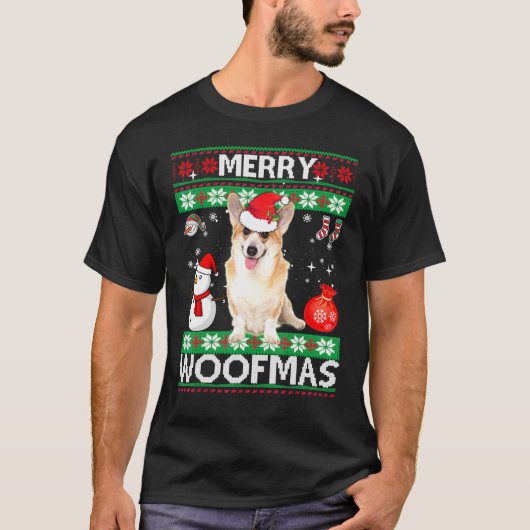 ウェルシュ・コーギー メリー・ウーフマス クリスマス Tシャツ (正面)