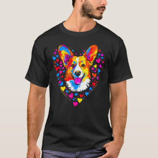 ウェルシュ・コーギー 犬 イエロー ブルー レッド ハート Tシャツ