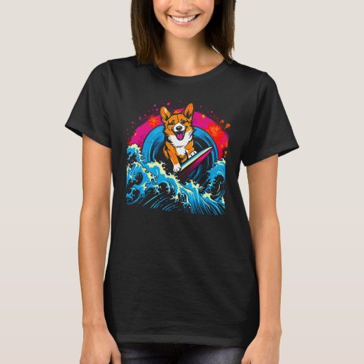 ウェルシュ・コーギー 犬 サーフィン Tシャツ (正面)