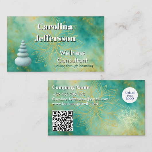 ウェルネスエレガントコンサルタント禅ストーンズロータスティール(緑がかった色) 名刺 (正面/裏面)