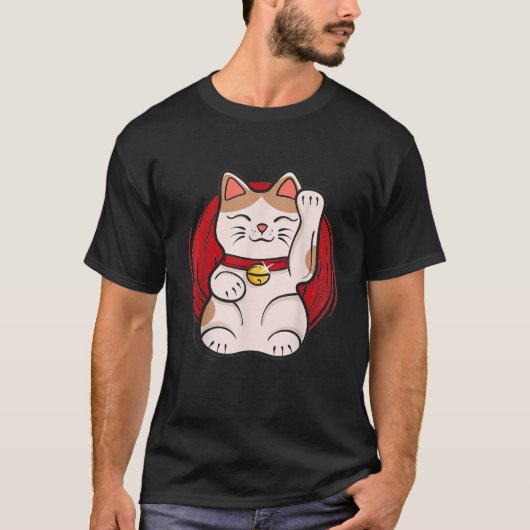 ウェーブする日本のまねきねこ幸運猫の置物 Tシャツ (正面)