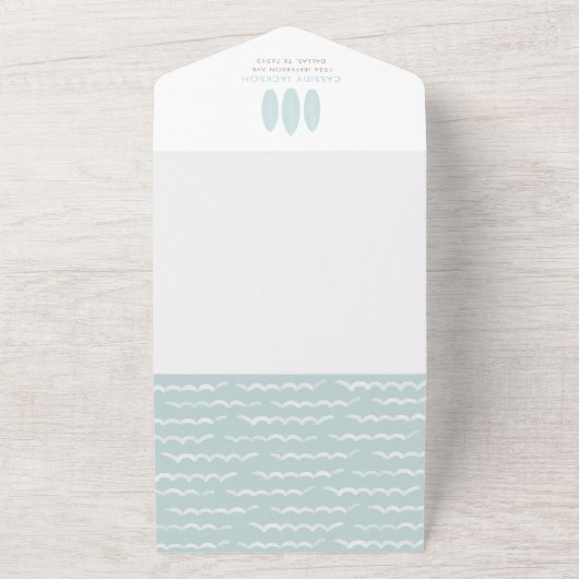 ウェーブに乗ってやってくる小さな命を祝福しよう サーフボード ウォーターカラー ベビーシャワー オールインワン招待状 (外側)