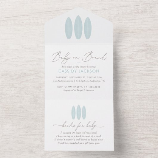 ウェーブに乗ってやってくる小さな命を祝福しよう サーフボード ウォーターカラー ベビーシャワー オールインワン招待状 (内側)