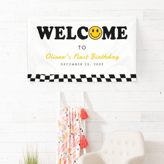 ウェーブイエロー名門私立校風のスマイルボーイ1st誕生日へようこそ 横断幕 (インサイチュ)