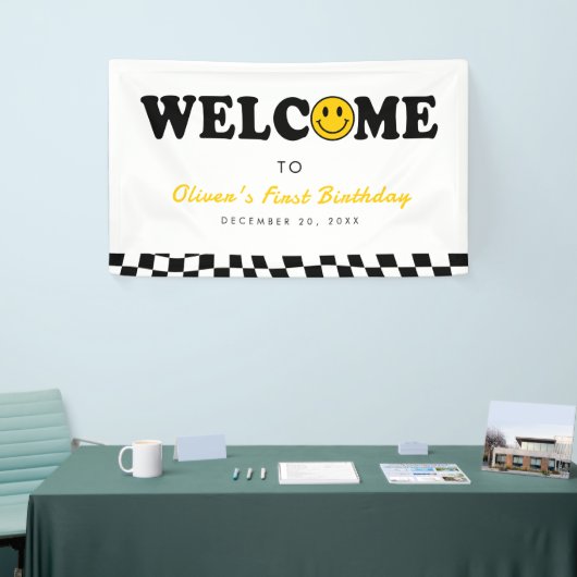 ウェーブイエロー名門私立校風のスマイルボーイ1st誕生日へようこそ 横断幕 (トレードショー)