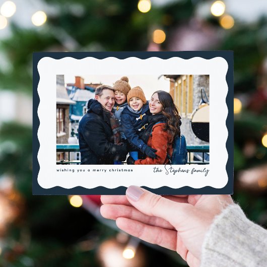 ウェーブエッジのフレームかわいいネイビークリスマスフォト シーズンカード