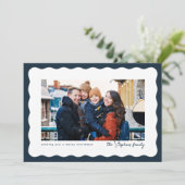 ウェーブエッジのフレームかわいいネイビークリスマスフォト シーズンカード (スタンド正面)