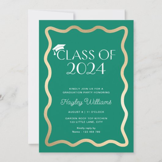 ウェーブエメラルドグリーン金ゴールド卒業パーティー 招待状 (正面)
