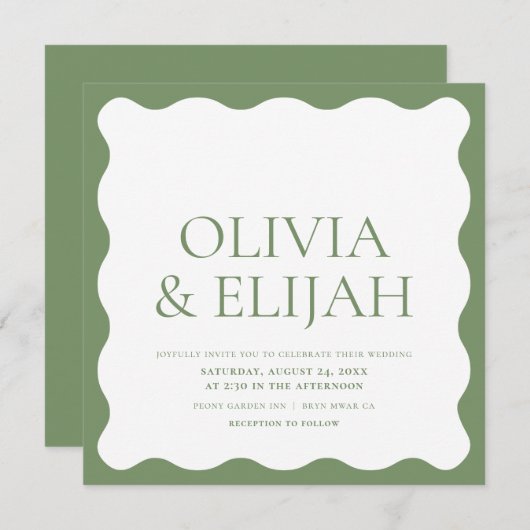 ウェーブグリーンモダンタイポグラフィ結婚ズ 招待状 (正面/裏面)