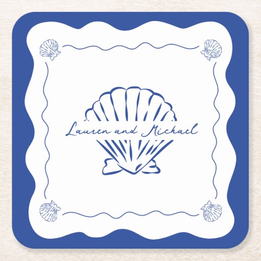 ウェーブコーストモダンミニマル海軍ブルー結婚ズ スクエアペーパーコースター (正面)