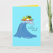 ウェーブサーフィンの猫グリーティンおもしろいグ・カードをキャッチ カード (正面)