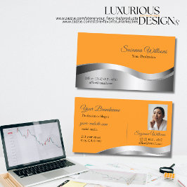 ウェーブシルバーの装飾と写真と上品なオレンジ 名刺