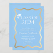 ウェーブスカイブルー金ゴールド卒業パーティー 招待状 (正面/裏面)