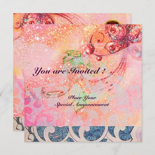 ウェーブス ルビー、鮮やかな赤 青 ピンク ゴールドの輝き 招待状 (正面/裏面)