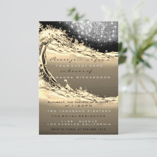 ウェーブセピアブライダル抽象芸術サプライズ誕生日 招待状 (スタンド正面)