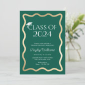 ウェーブダークグリーン金ゴールド卒業パーティー 招待状 (スタンド正面)