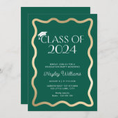 ウェーブダークグリーン金ゴールド卒業パーティー 招待状 (正面/裏面)