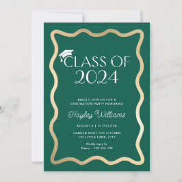 ウェーブダークグリーン金ゴールド卒業パーティー 招待状