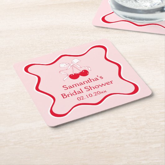 ウェーブピンクとレッドのチェリーボウ ブライダルシャワー スクエアペーパーコースター (アングル)