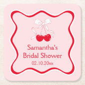 ウェーブピンクとレッドのチェリーボウ ブライダルシャワー スクエアペーパーコースター (正面)