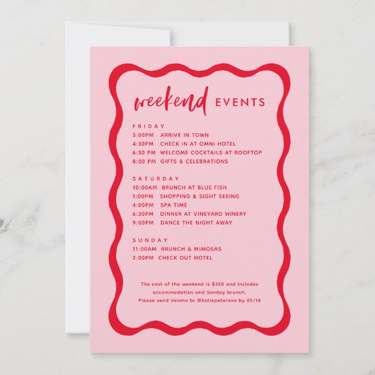 ウェーブピンクと赤のバチェロレッテの週末の日程 招待状 (裏面)
