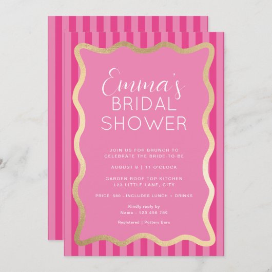 ウェーブピンクホットピンクストライプブライダルシャワー 招待状 (正面/裏面)
