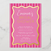 ウェーブピンクホットピンクストライプブライダルシャワー 箔招待状 (正面)