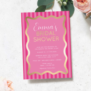 ウェーブピンクホットピンクストライプブライダルシャワー 箔招待状