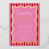 ウェーブピンクレッドストライプブライダルシャワー 箔招待状 (正面)