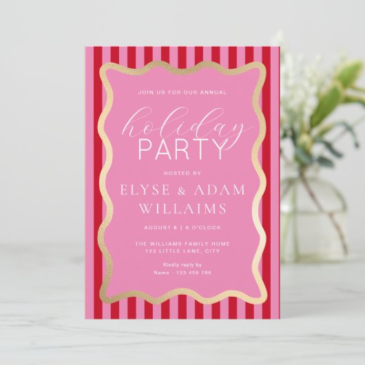 ウェーブピンクレッド金ゴールドストライプクリスマスホリデーパーティー 招待状 (スタンド正面)