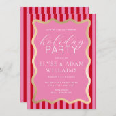 ウェーブピンクレッド金ゴールドストライプクリスマスホリデーパーティー 招待状 (正面/裏面)