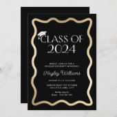 ウェーブブラック金ゴールド卒業パーティー 招待状 (正面/裏面)