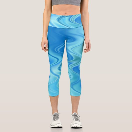 ウェーブブルー抽象芸術ハイウェストCapris カプリレギンス (正面)