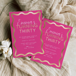 ウェーブホットピンク誕生日フォイル招待状 箔招待状