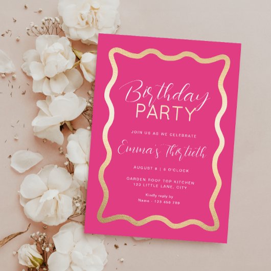 ウェーブホットピンク誕生日フォイル招待状 箔招待状