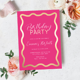 ウェーブホットピンク誕生日フォイル招待状 箔招待状