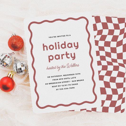 ウェーブボーダー モダン レトロ クリスマス ホリデーパーティー 招待状